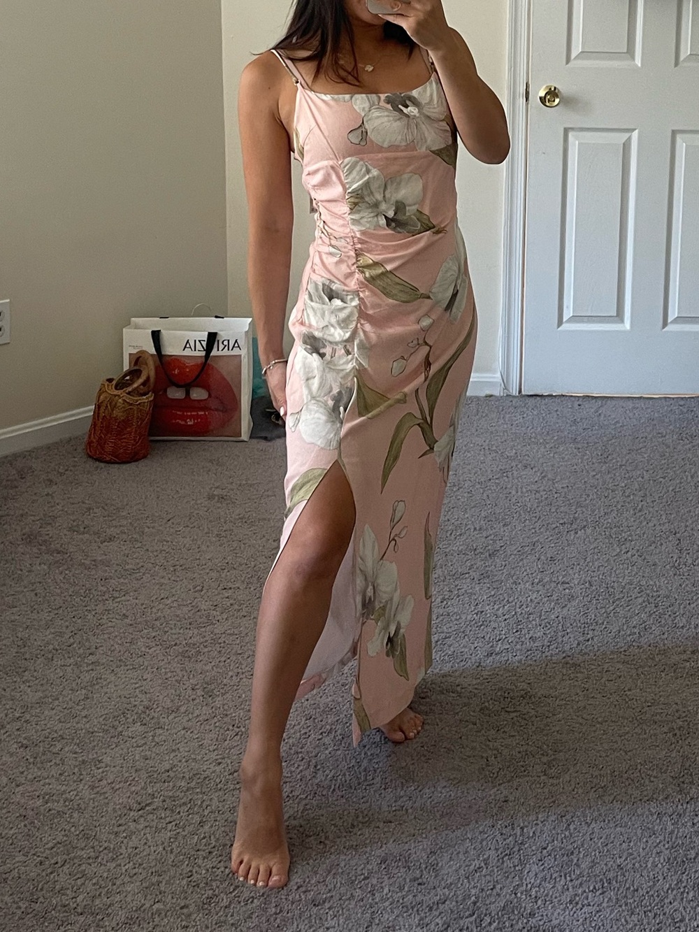 Zara Pink Floral Maxi Slip Dress with Green Leaf Print